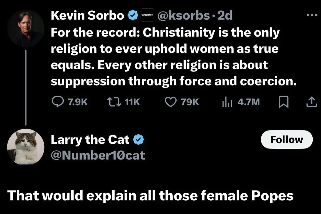 A screenshot of a Twitter thread shows Kevin Sorbo's tweet claiming Christianity is the only religion to uphold women as…