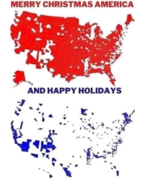 The image displays two fragmented maps of the United States. The top map is red and labeled 'MERRY CHRISTMAS AMERICA', while…