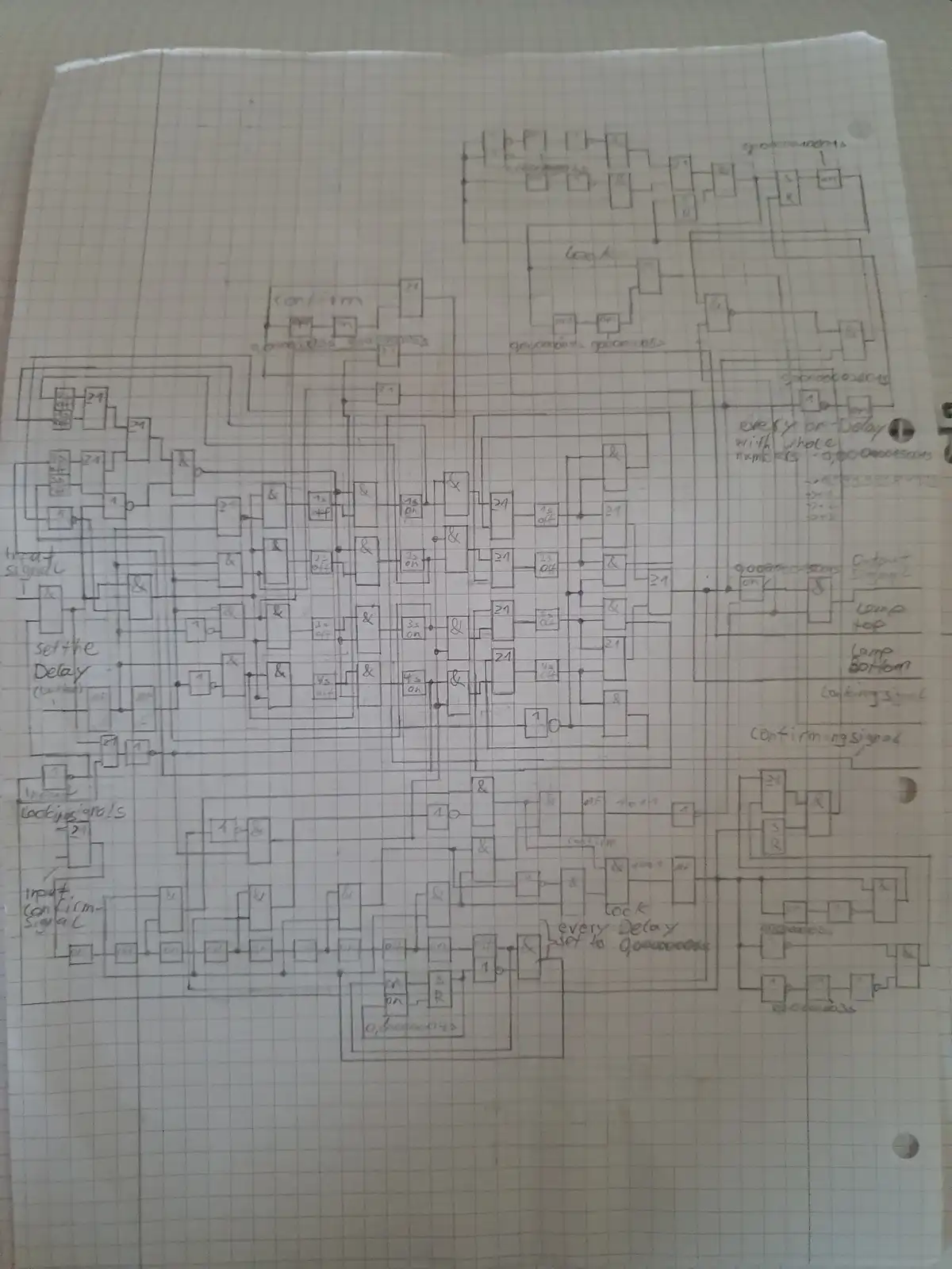 A hand-drawn digital logic circuit diagram on graph paper, featuring numerous interconnected logic gates (AND, OR, NOT…