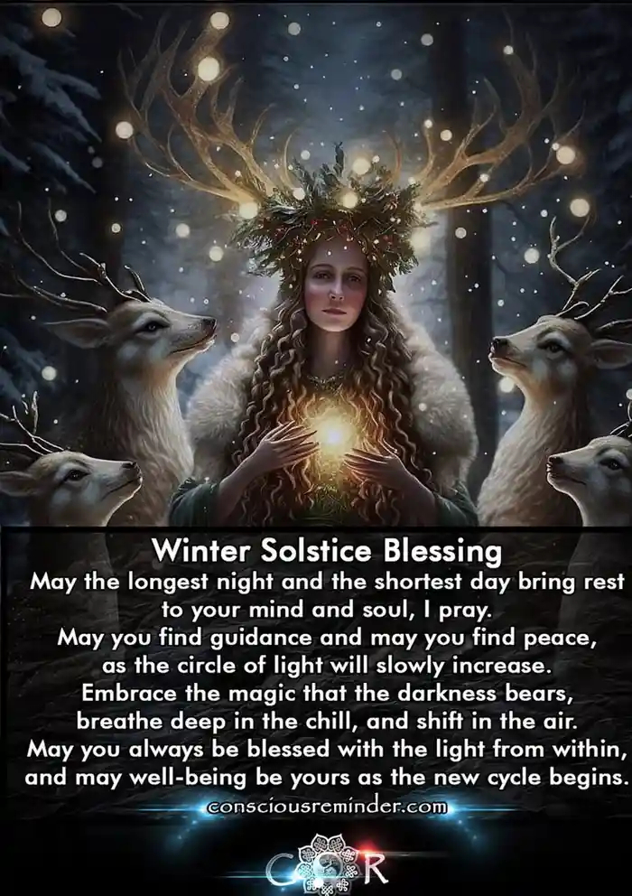 A mystical woman with glowing antlers and a wreath holds a bright light in her hands, surrounded by deer in a snowy forest…