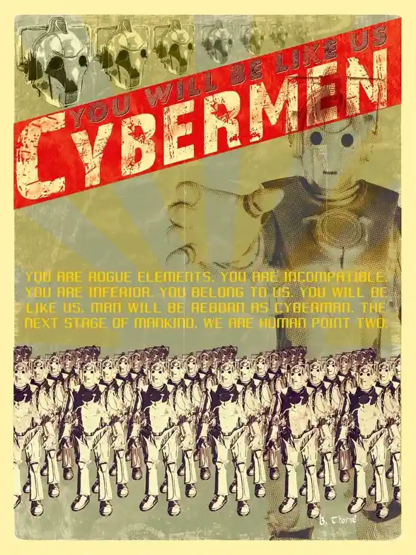 A propaganda-style poster features a large Cyberman pointing forward, with rows of identical Cybermen marching below. The…