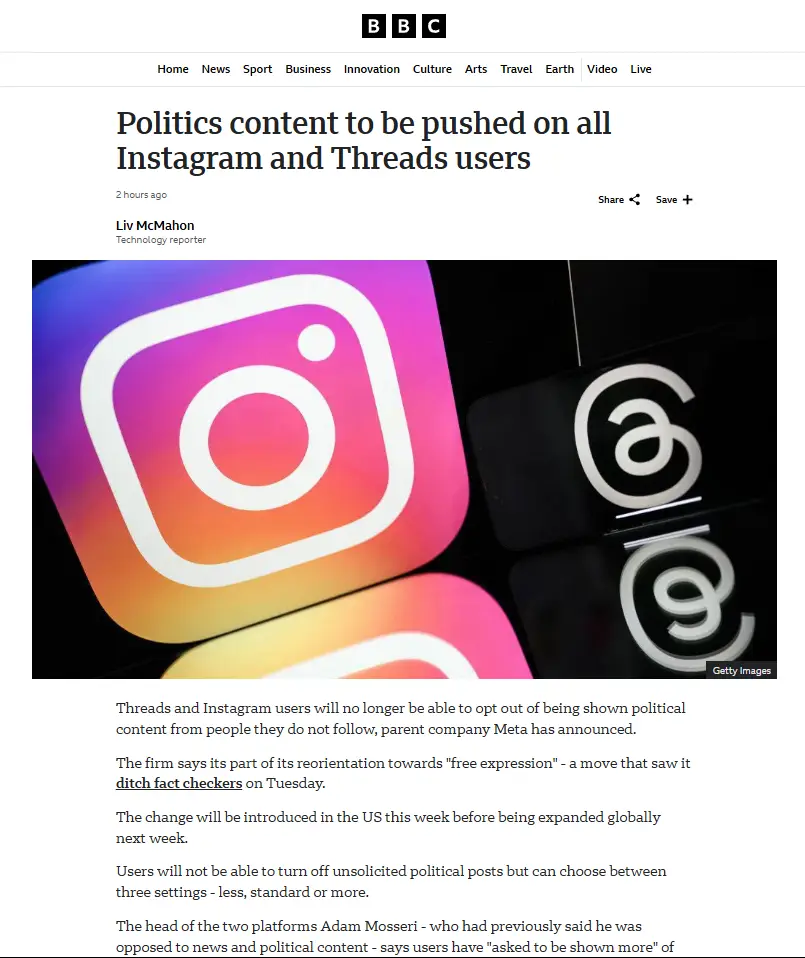 A BBC news article screenshot with a headline about Meta pushing political content to all Instagram and Threads users…