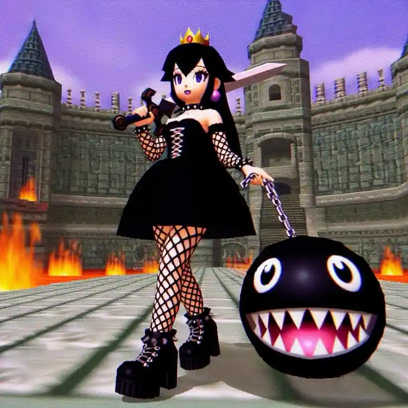 A character resembling a dark-themed princess with black hair, a gold crown, and a black dress stands in a castle courtyard…