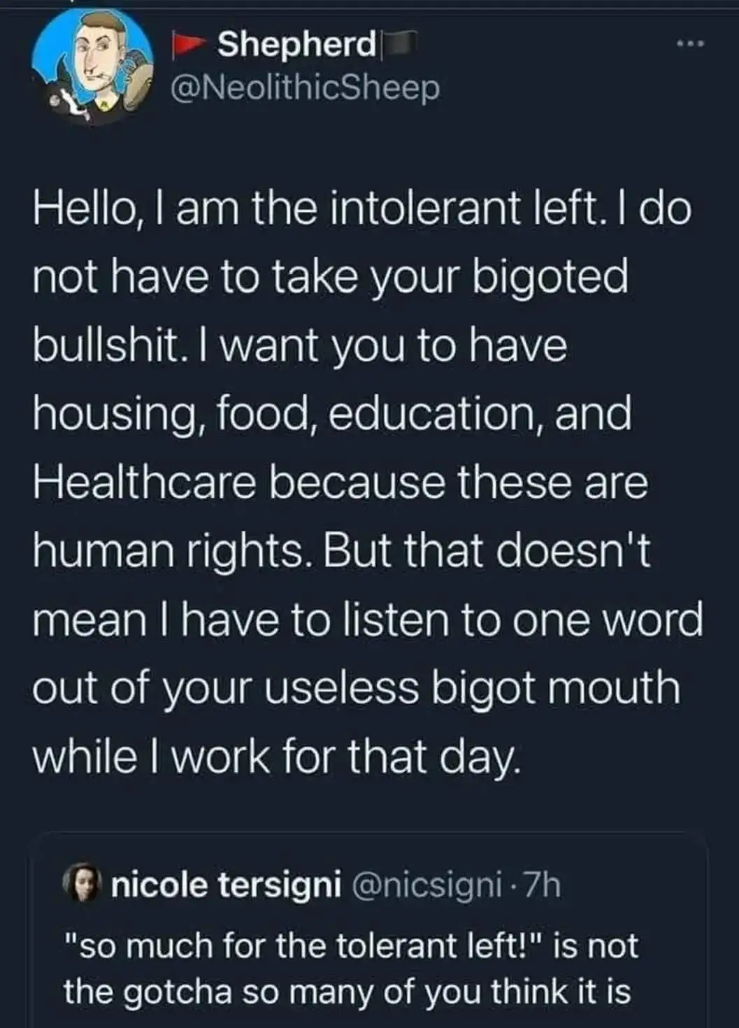 A screenshot of a Twitter thread shows a user named 'Shepherd' (@NeolithicSheep) posting a defiant message claiming to be…