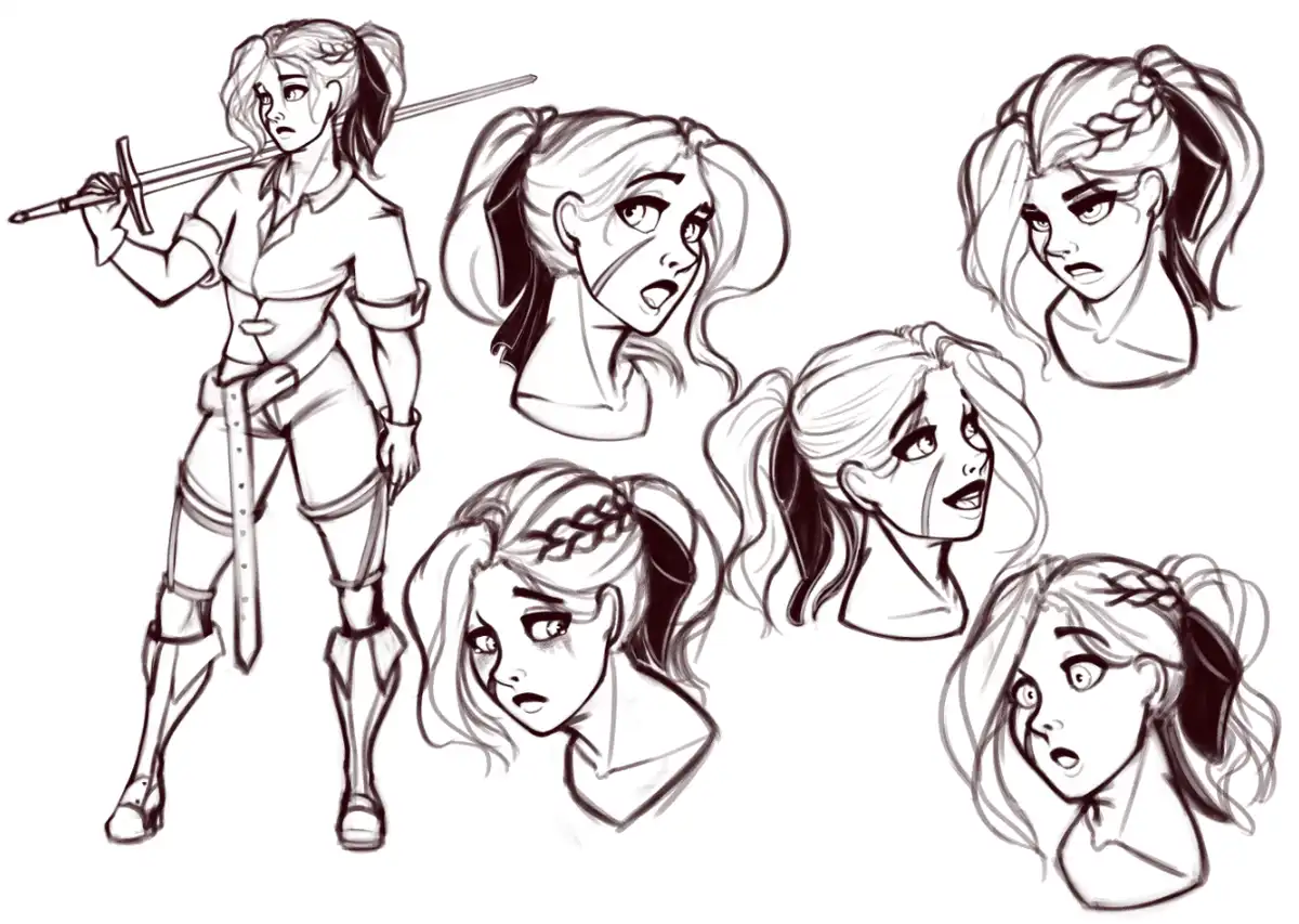 A black-and-white sketch shows a female warrior in full armor holding a sword, surrounded by six different expressive…