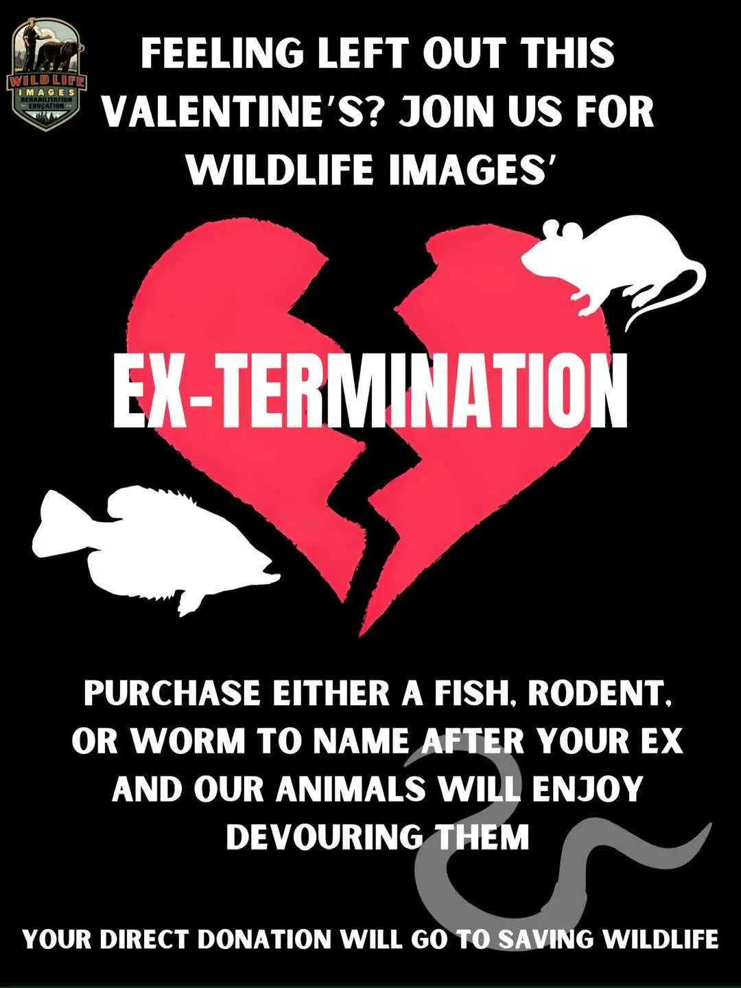 A black-background poster mimicking a Valentine's Day event flyer, featuring a broken red heart with a white mouse…