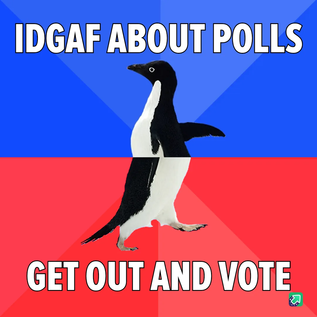A penguin stands centered against a split blue and red background, with bold white text at the top reading 'IDGAF ABOUT…