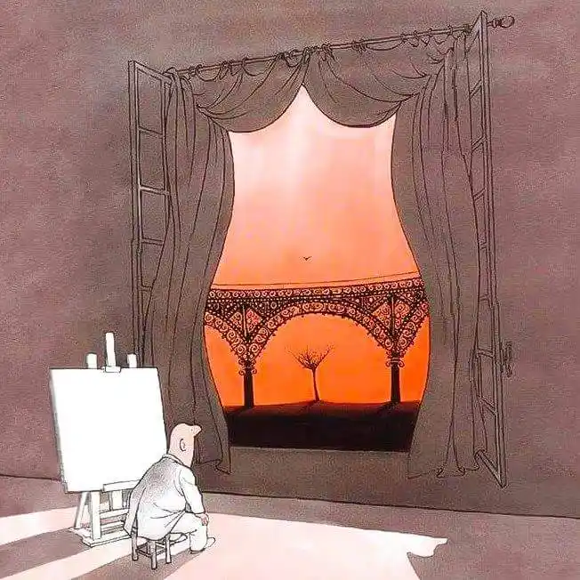 An artist sits before an easel in a dim room, facing a large open window draped with curtains. Through the window, a vibrant…