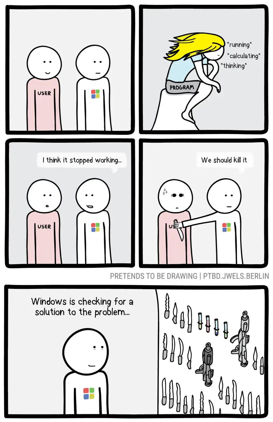A four-panel comic shows a user reporting a problem to a Microsoft employee, who then suggests killing the program. The…