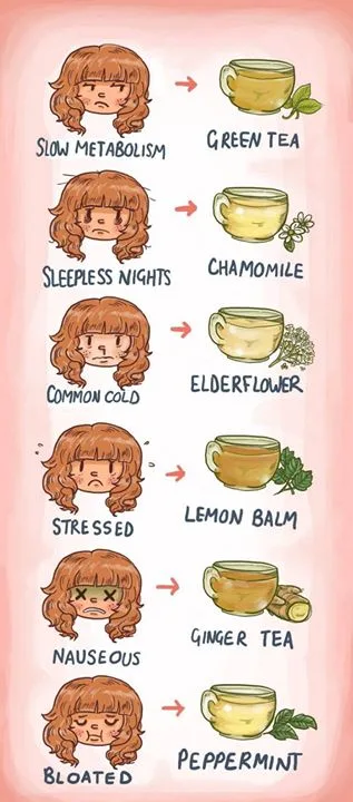 A vertical infographic shows a cartoon girl with different expressions for ailments like 'Slow Metabolism', 'Sleepless…
