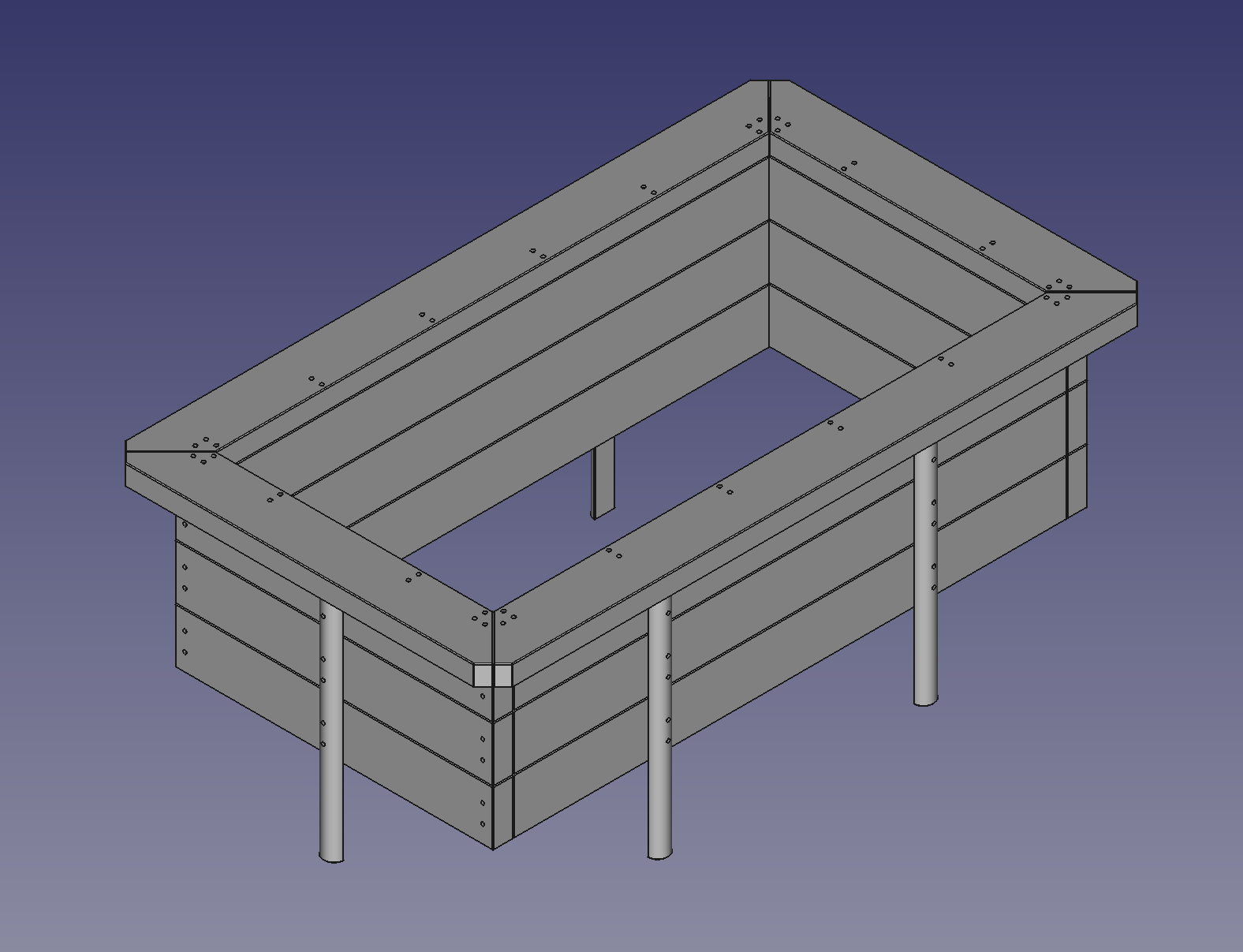 A 3d rendered gray wooden structure resembling a box or table frame with legs, but missing its bottom panel, leaving an open…