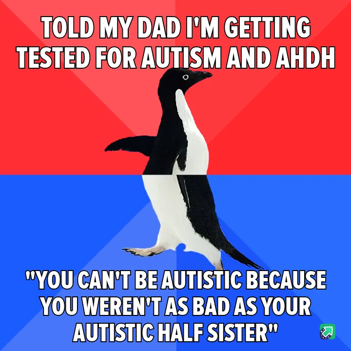 A penguin stands centered against a red and blue background, with white text overlaid. The top text reads 'TOLD MY DAD I'M…