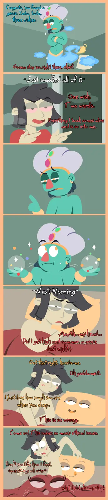 A comic strip shows a person summoning a genie who grants a wish for everything they touch to come alive and be 'so into…