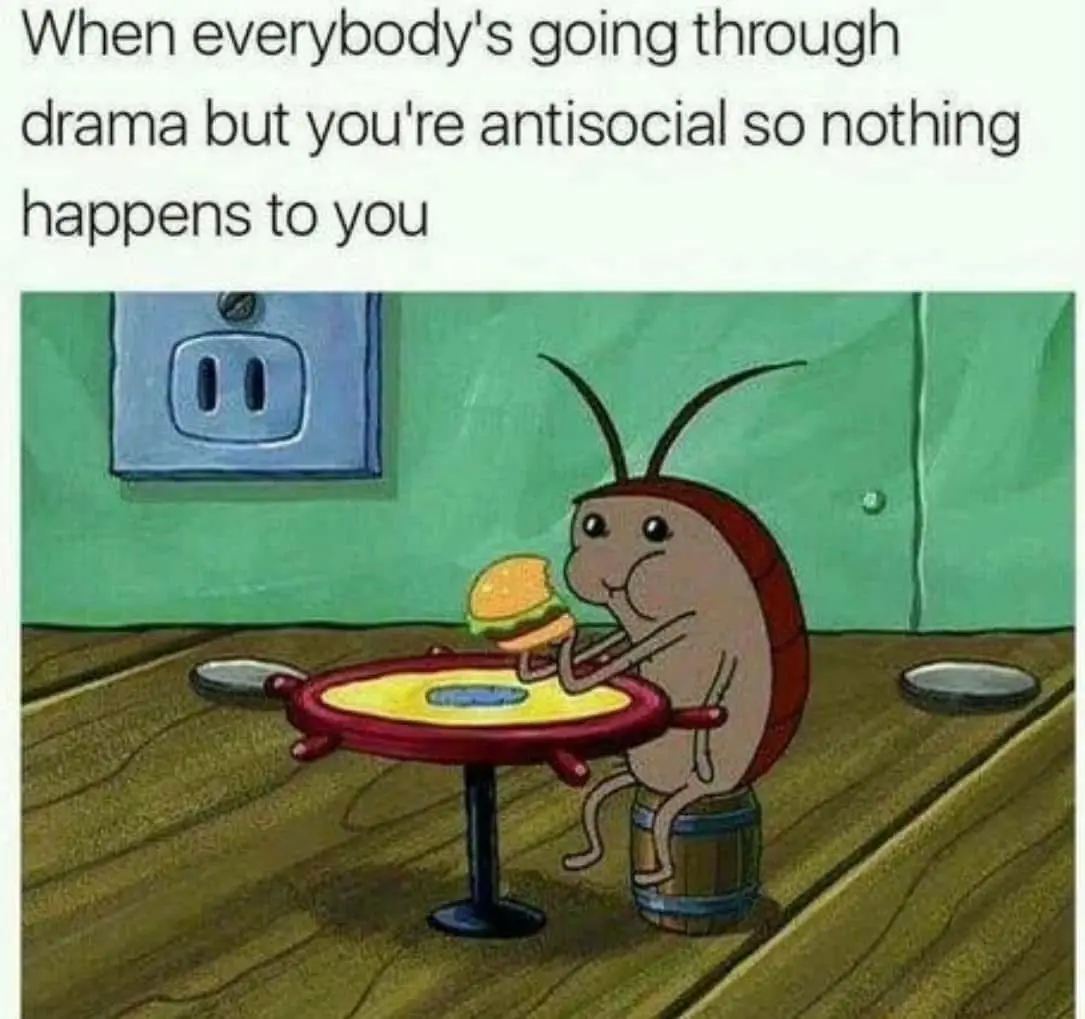 A cartoon cockroach sits alone at a small round table, eating a hamburger while perched on a wooden barrel. The background…