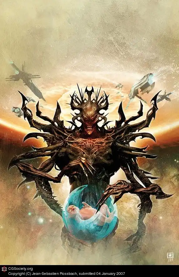 A dark, horned, demonic figure with multiple limbs holds a glowing blue bubble containing a baby. Several spaceships fly in…