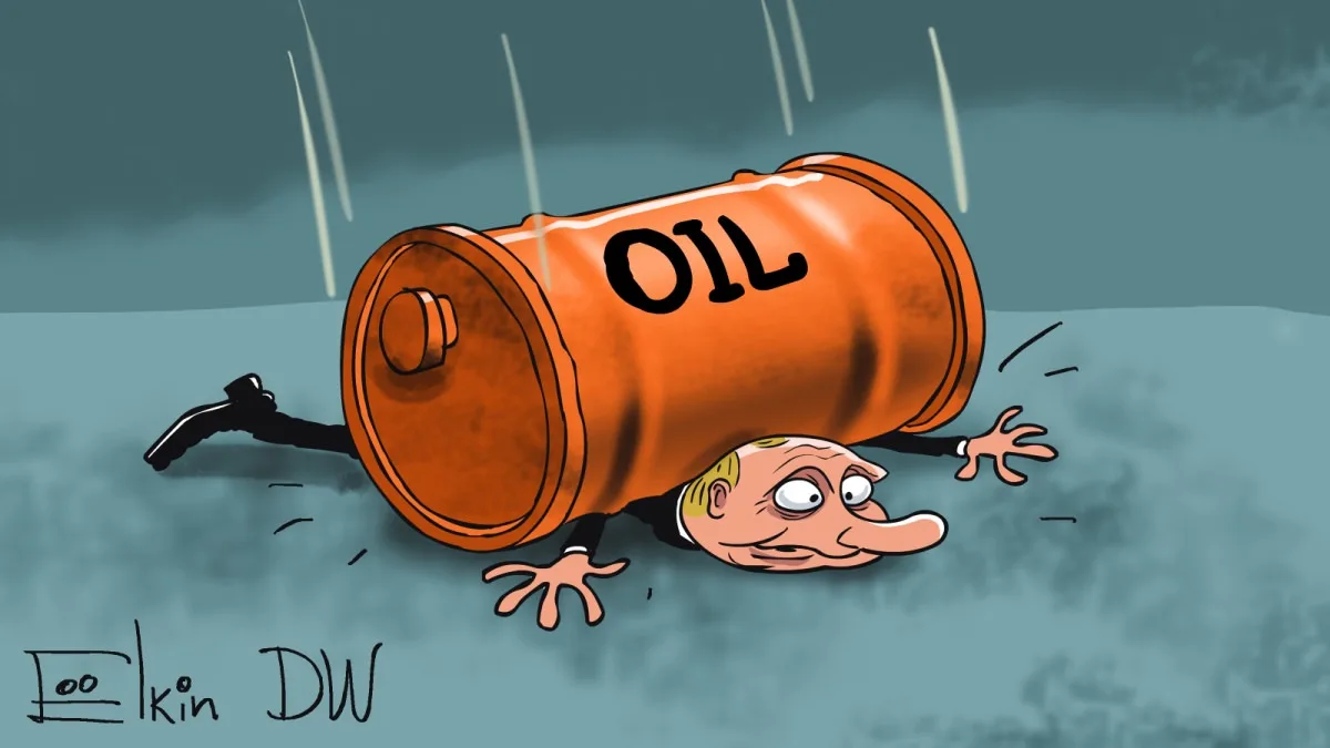 A cartoon depicts a man with a long nose and wide eyes, wearing a suit, struggling on his hands and knees under a large…