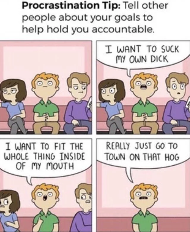 A four-panel comic strip shows three people sitting on a bench. In the first panel, a text overlay reads 'Procrastination…