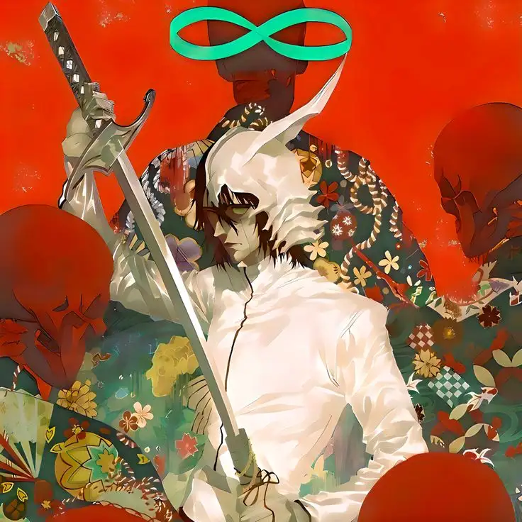 An anime-style illustration shows a character in a white outfit holding a sword, with a large green infinity symbol floating…