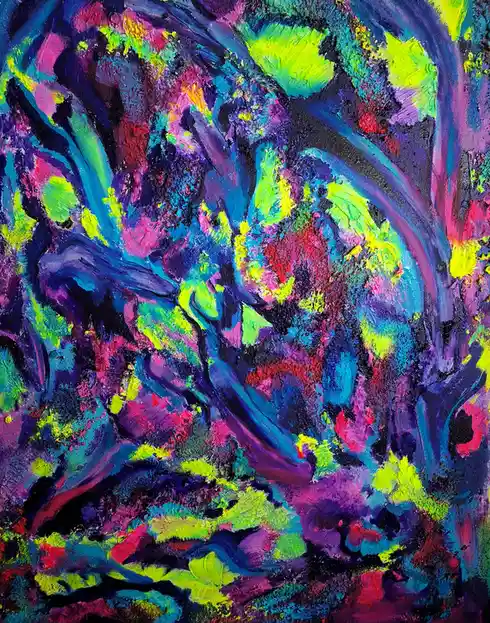 A vibrant, textured abstract painting with thick, swirling brushstrokes of neon green, electric blue, magenta, and purple…