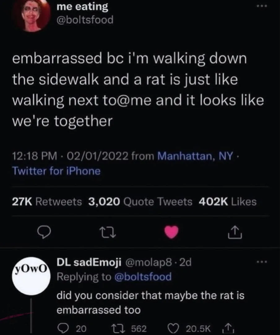 A screenshot of a Twitter thread shows a user named 'me eating' (@boltsfood) posting about being embarrassed while walking…