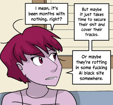A cartoon character with short magenta hair and a skeptical expression is shown with three speech bubbles. The first says…