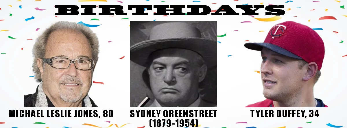 A birthday meme template with confetti background and three headshots: Michael Leslie Jones (80), a black-and-white photo of…