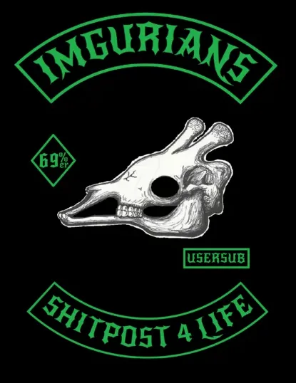 A black background features a silver rabbit skull centered between two green arched banners. The top banner reads…
