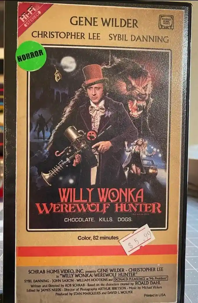 A VHS cover for the fictional movie 'Willy Wonka Werewolf Hunter' starring Gene Wilder, Christopher Lee, and Sybil Danning…