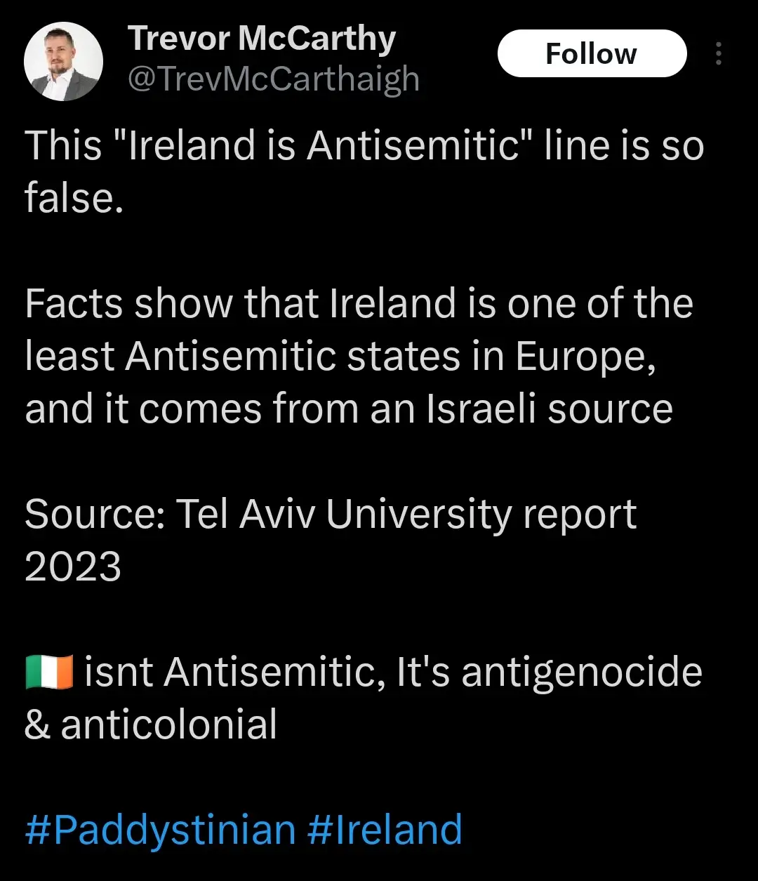 A screenshot of a tweet by Trevor McCarthy arguing that the claim 'Ireland is antisemitic' is false, citing a 2023 Tel Aviv…