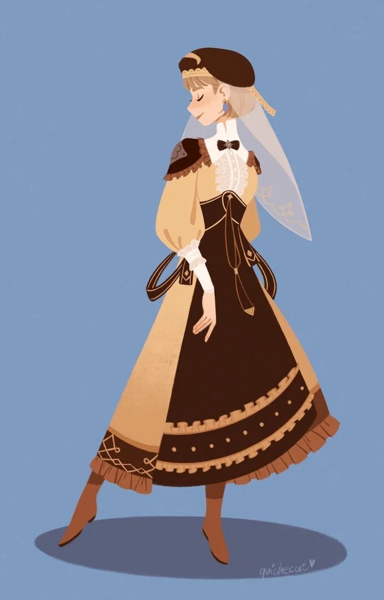 An illustration of a woman in a brown and cream-colored wedding dress with a veil and beret, standing in profile against a…