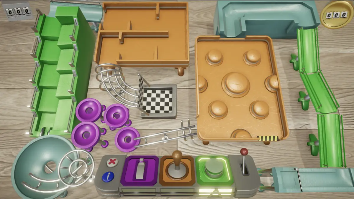 An overhead view of a colorful, toy-like physics puzzle game interface with various mechanical components like ramps…