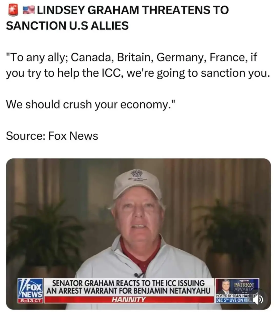 A screenshot from a Fox News broadcast shows Senator Lindsey Graham speaking on the Hannity show. The overlaid text quotes…