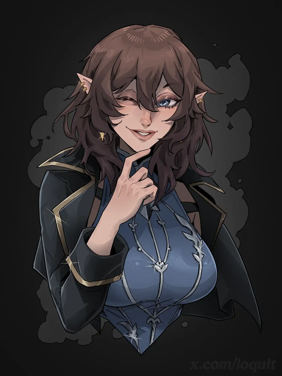 An anime-style illustration of a woman with brown hair, pointed ears, and a confident smirk, wearing a dark outfit with gold…