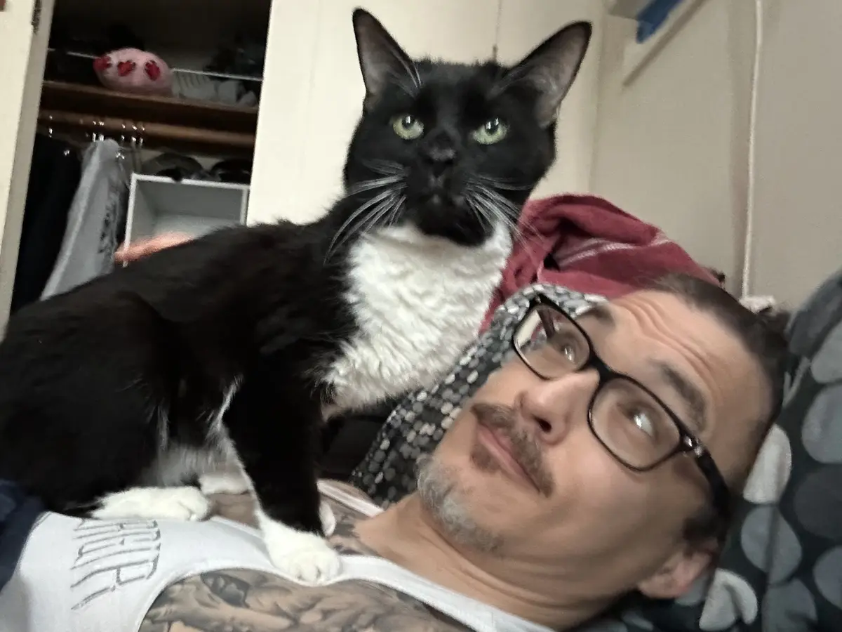 A black-and-white cat with green eyes sits atop a man's chest while he lies down, looking up at the cat with a slightly…