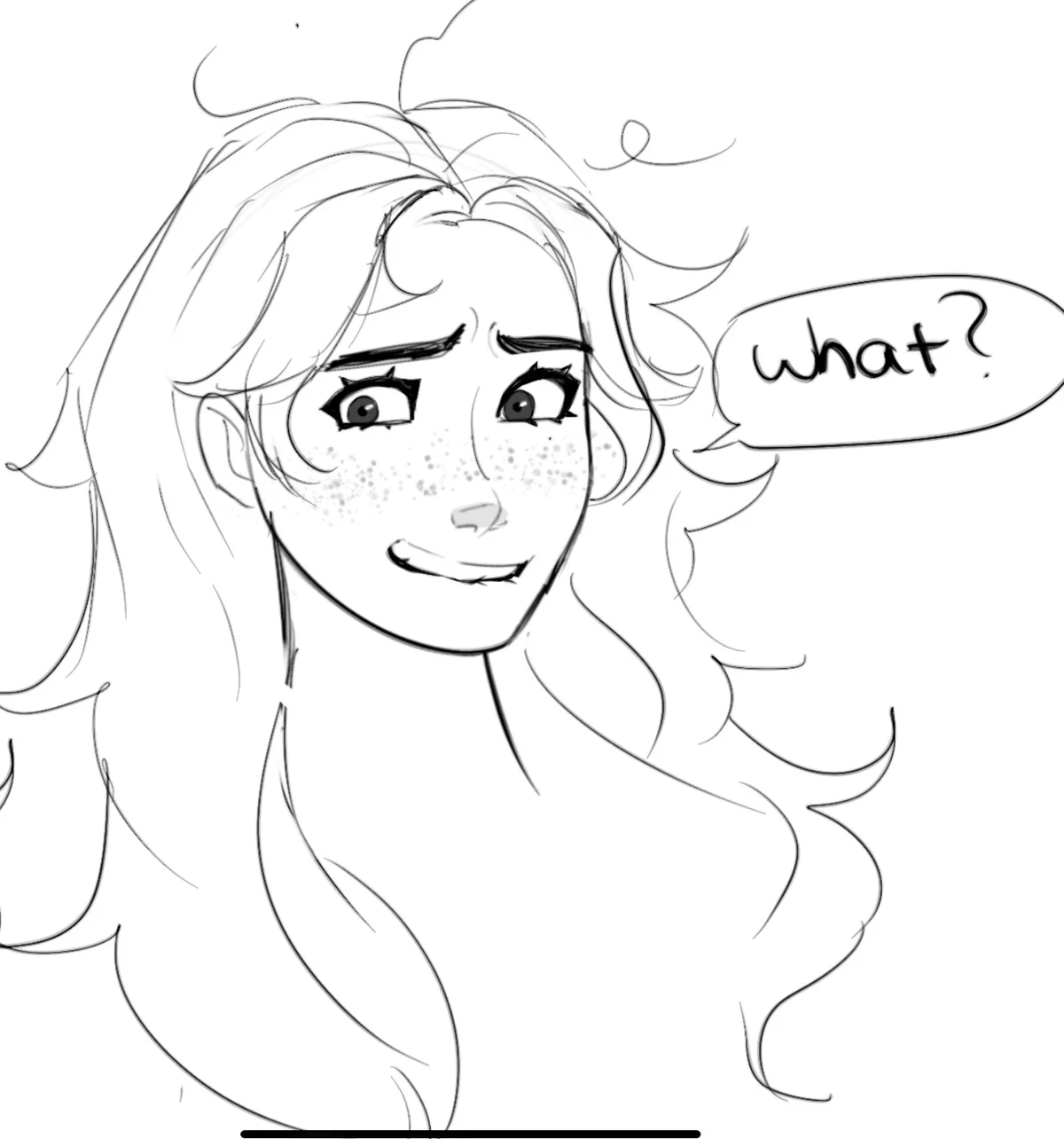 A black-and-white line drawing shows a female character with long wavy hair, freckles, and a surprised expression, her eyes…