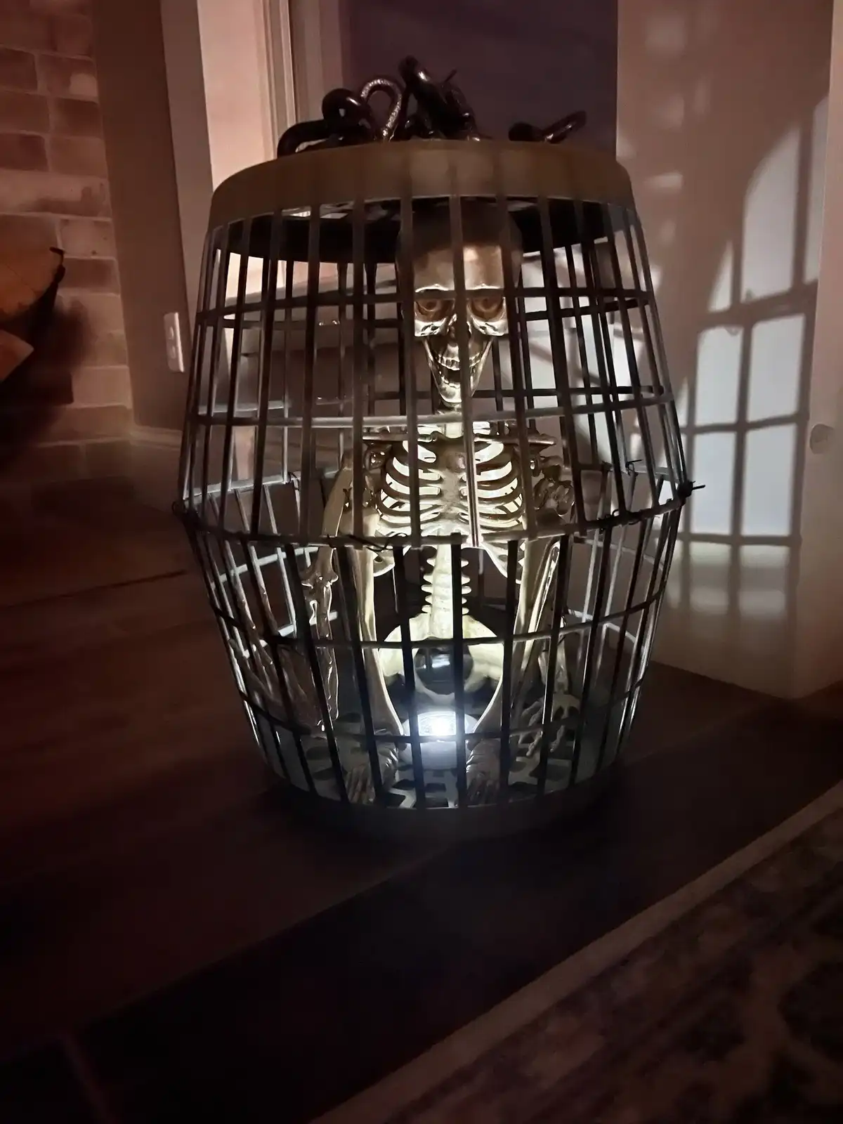 A human skeleton is visible inside a large, cylindrical metal cage with vertical bars, sitting on a dark wooden surface. The…