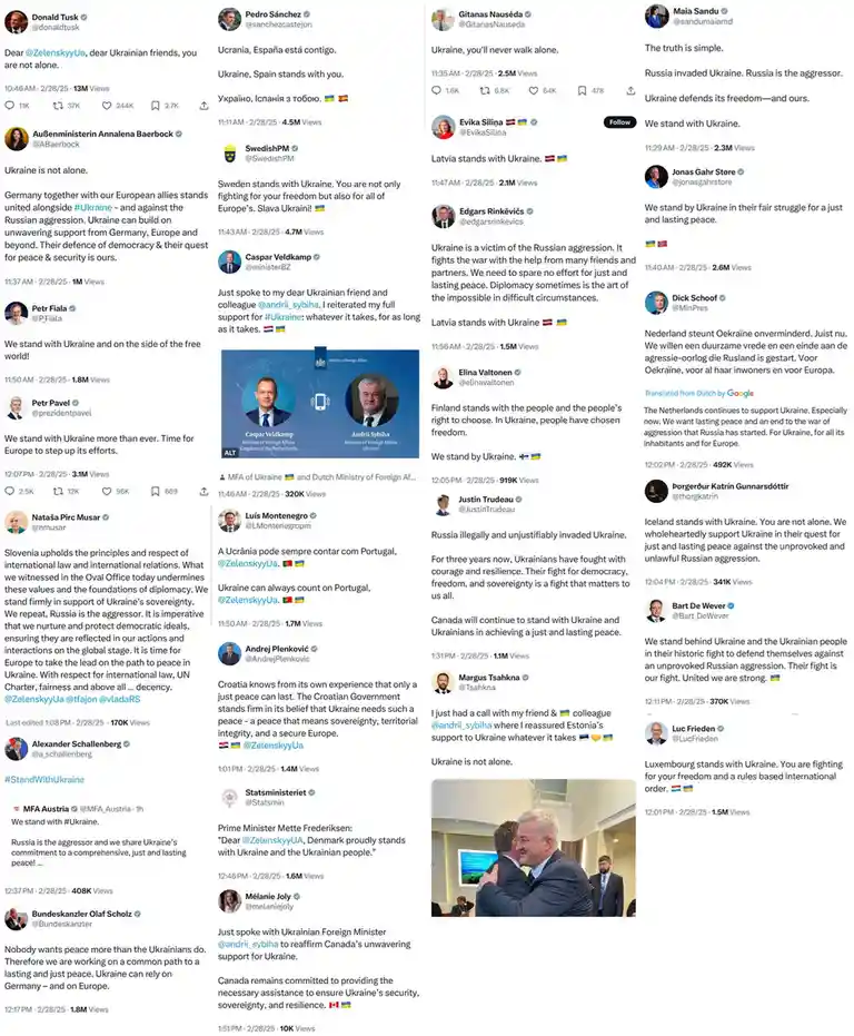 A collage of Twitter/X posts from European leaders like Donald Tusk, Annalena Baerbock, and Justin Trudeau, all expressing…