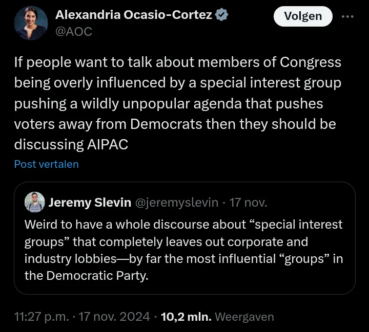 A screenshot of a Twitter thread showing Alexandria Ocasio-Cortez's tweet suggesting AIPAC should be discussed when talking…