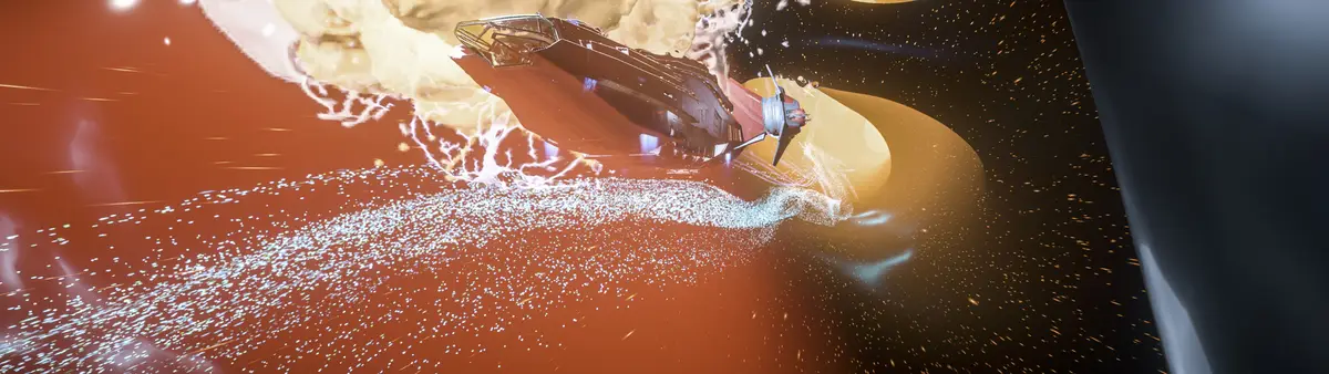 A spaceship is shown exploding in a fiery, chaotic scene with sparks and debris flying, set against a starry space…