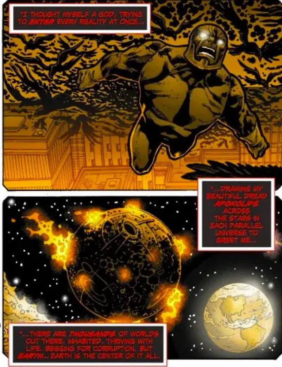 A comic panel shows a muscular, glowing-eyed figure declaring his godlike ambition to invade every reality. Below, a fiery…