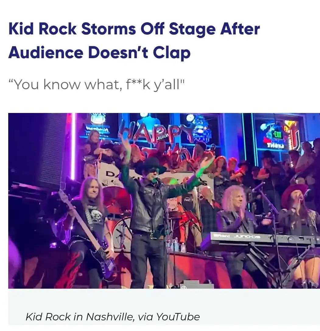 A live concert photo shows musician Kid Rock on stage with his band, arms raised, seemingly mid-performance. The overlaid…