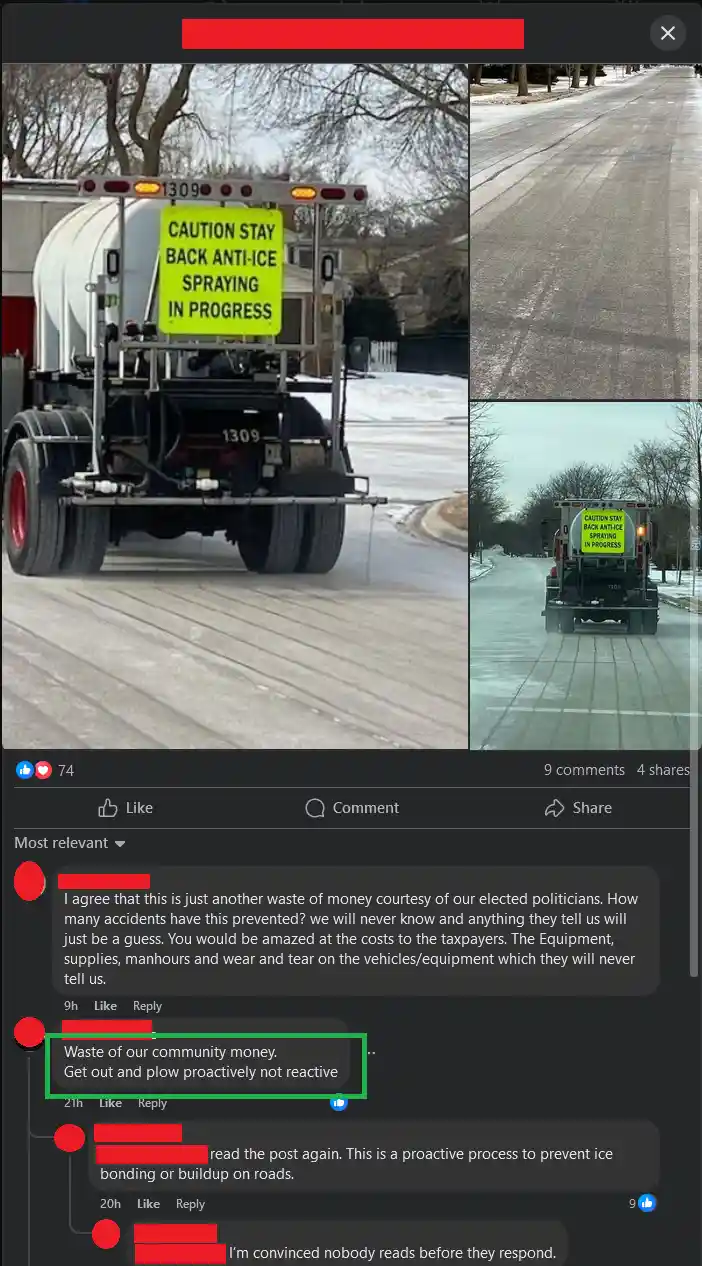 A screenshot of a Facebook post showing a truck spraying anti-ice on a snowy road, with a yellow sign reading 'CAUTION STAY…