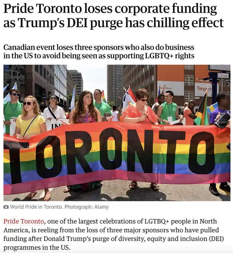 A news article screenshot shows a photo of people in a Pride parade holding a large rainbow banner with 'TORONTO' in black…