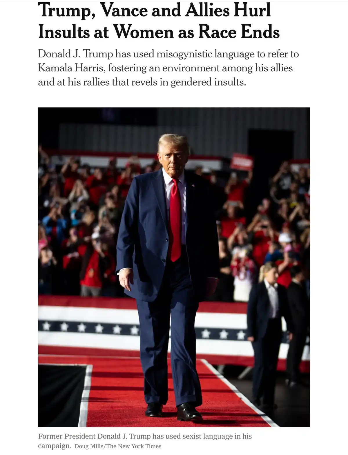 A newspaper article screenshot shows a photo of Donald Trump walking on a red carpet in front of a crowd, with the headline…