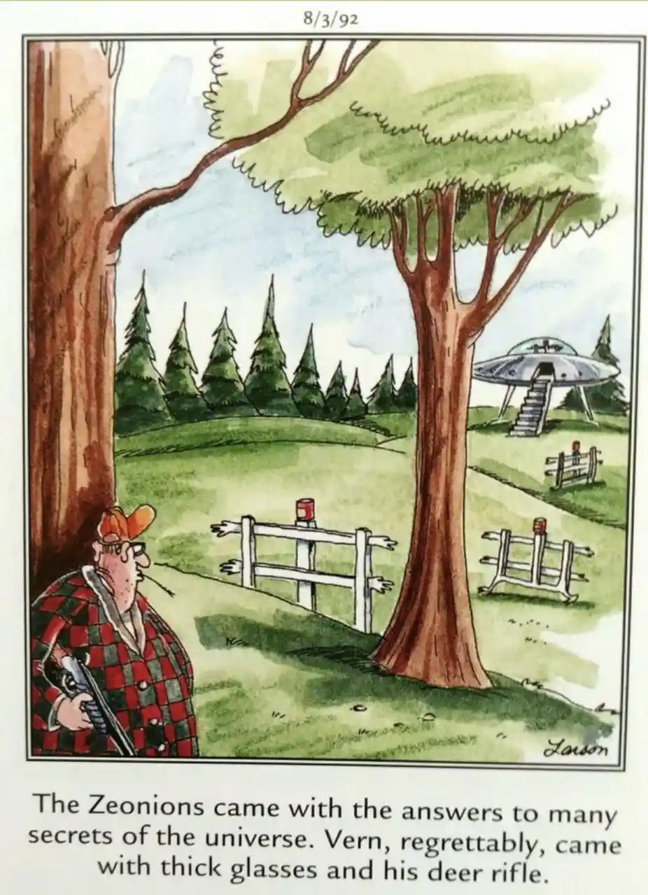A cartoon depicts a man in a red plaid shirt and orange cap, holding a deer rifle and wearing thick glasses, standing in a…