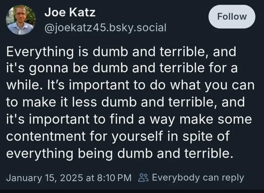 A screenshot of a social media post by Joe Katz on a dark-themed platform, showing his profile picture, handle, and a long…