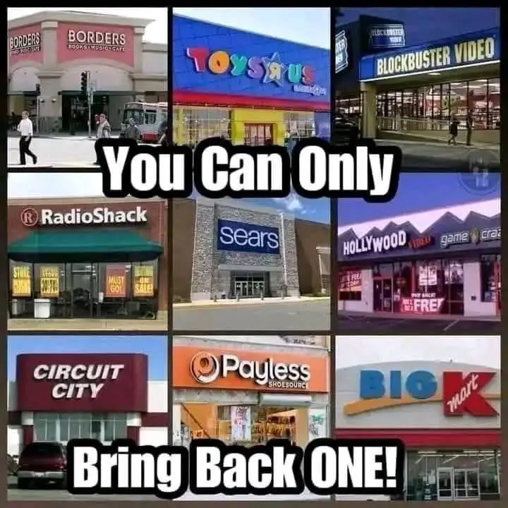 A collage of nine photos showing the exteriors of now-defunct retail stores: Borders, Toys R Us, Blockbuster Video…
