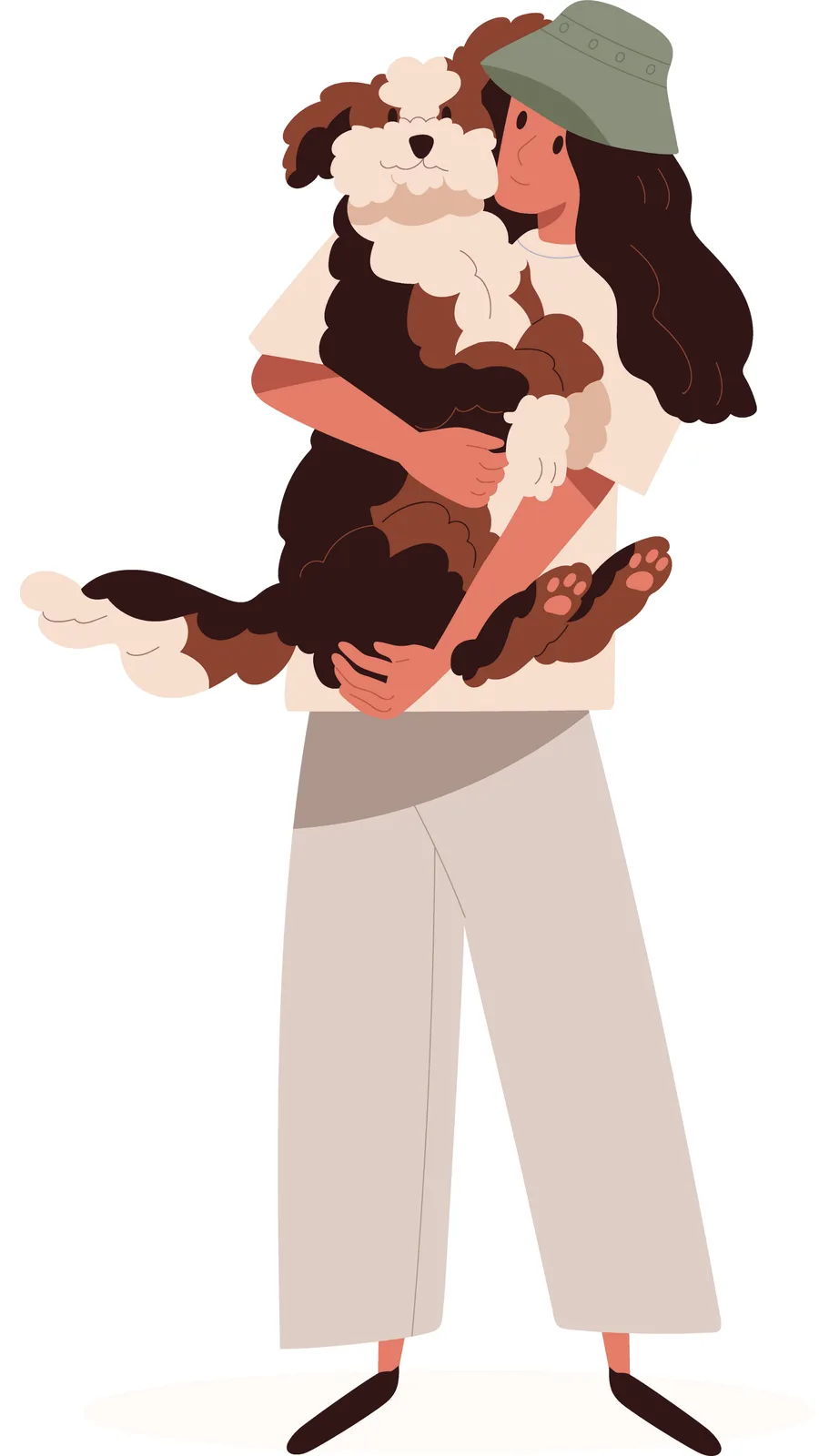 A cartoon woman with long dark hair and a green bucket hat is hugging a large, fluffy brown and white dog. The dog is…