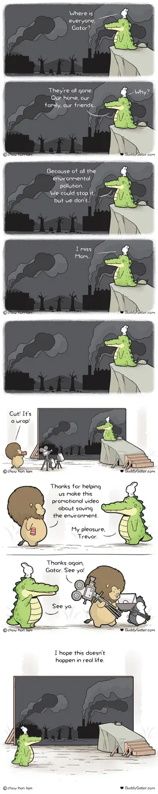 A comic strip shows a green cartoon alligator named Gator, with a small white rabbit on his head, sitting on a cliff…