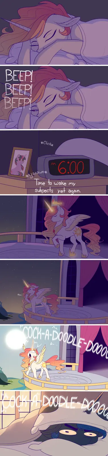 A six-panel comic shows a purple unicorn princess sleeping, then being woken by an alarm clock at 6:00 AM. She stands up…